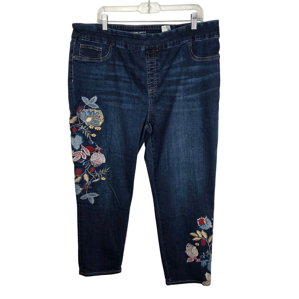Chico's Pull On Jegging Ankle 20R Blue Floral Embroidered Stretch Denim Pants
